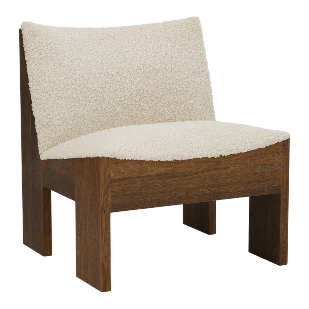 Cream textured upholstery with a warm wooden frame. Simple, modern design perfect for any space.