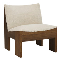 Cream textured upholstery with a warm wooden frame. Simple, modern design perfect for any space.