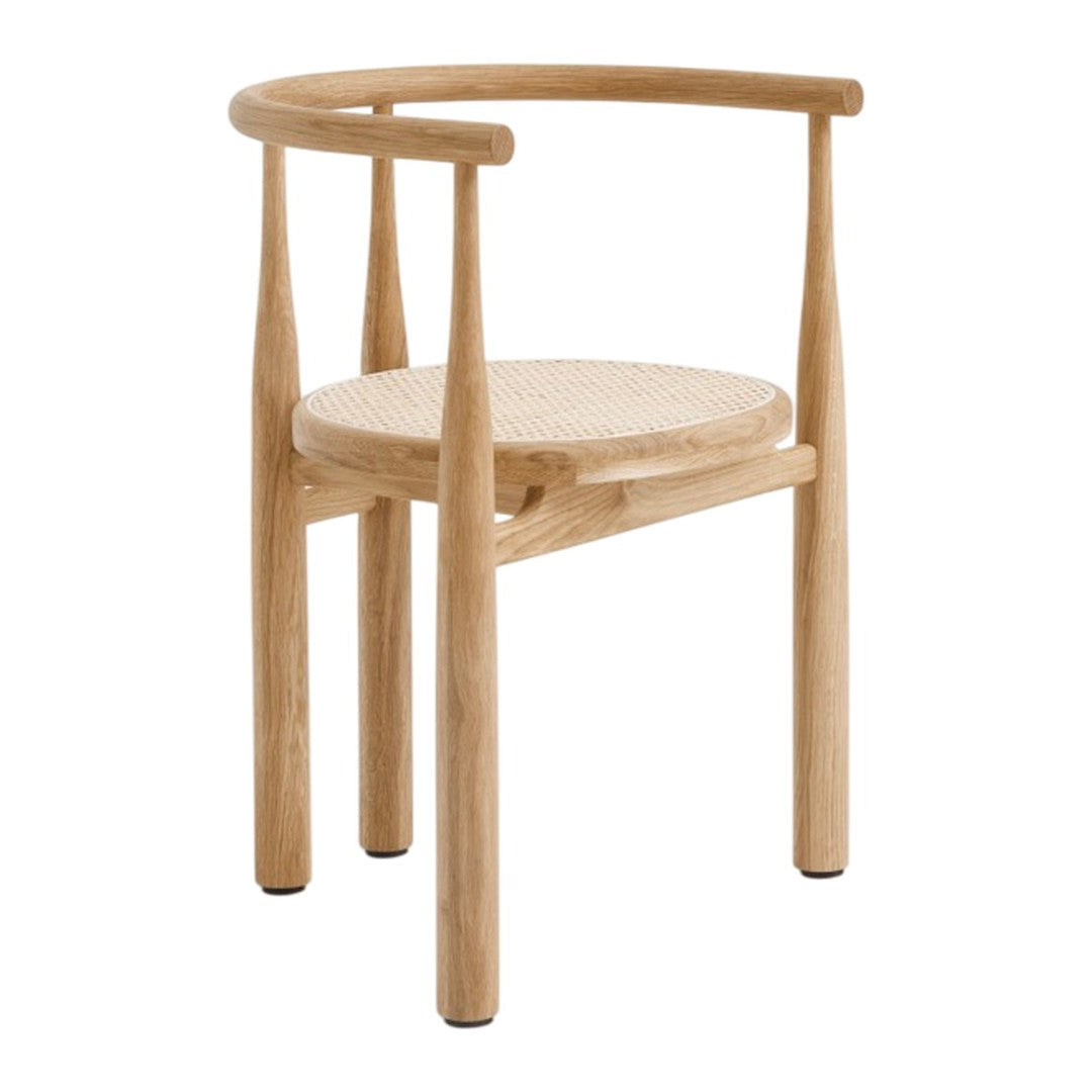 Light natural oak wood chair with a woven cane seat, featuring smooth, simple lines and neutral tones.