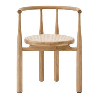 Natural wood chair with a light oak finish and woven cane seat, featuring subtle textures and a minimalist design.