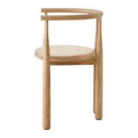 Natural wood tones with a woven rattan seat and minimalistic design, perfect for modern interiors.