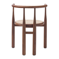 Wooden chair with a rich walnut finish and a natural woven cane seat, featuring a minimalist design.
