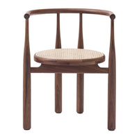 Modern wooden chair in rich walnut with a natural woven cane seat. Elegant design featuring smooth curves and neutral tones.