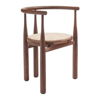 Wooden chair in rich walnut brown with a woven natural cane seat. Sleek lines and minimalist design emphasize warmth.