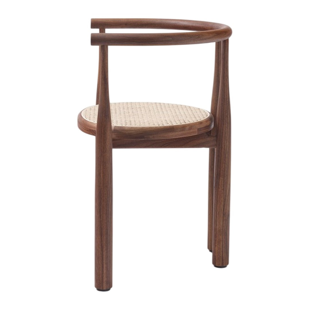 Natural wood chair with a rich walnut finish and woven beige cane seat, featuring a minimalist design.