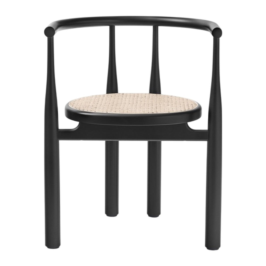 Black chair with a woven rattan seat, featuring a minimalist design and elegant curved backrest.