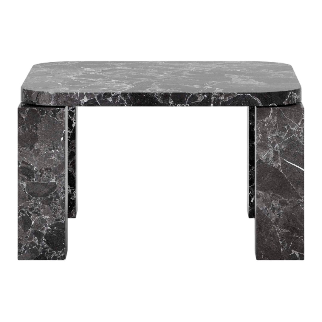 Black marble table with white veining, featuring a sleek and modern geometric design. 