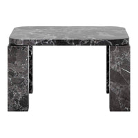 Black marble table with white veining, featuring a sleek and modern geometric design. 