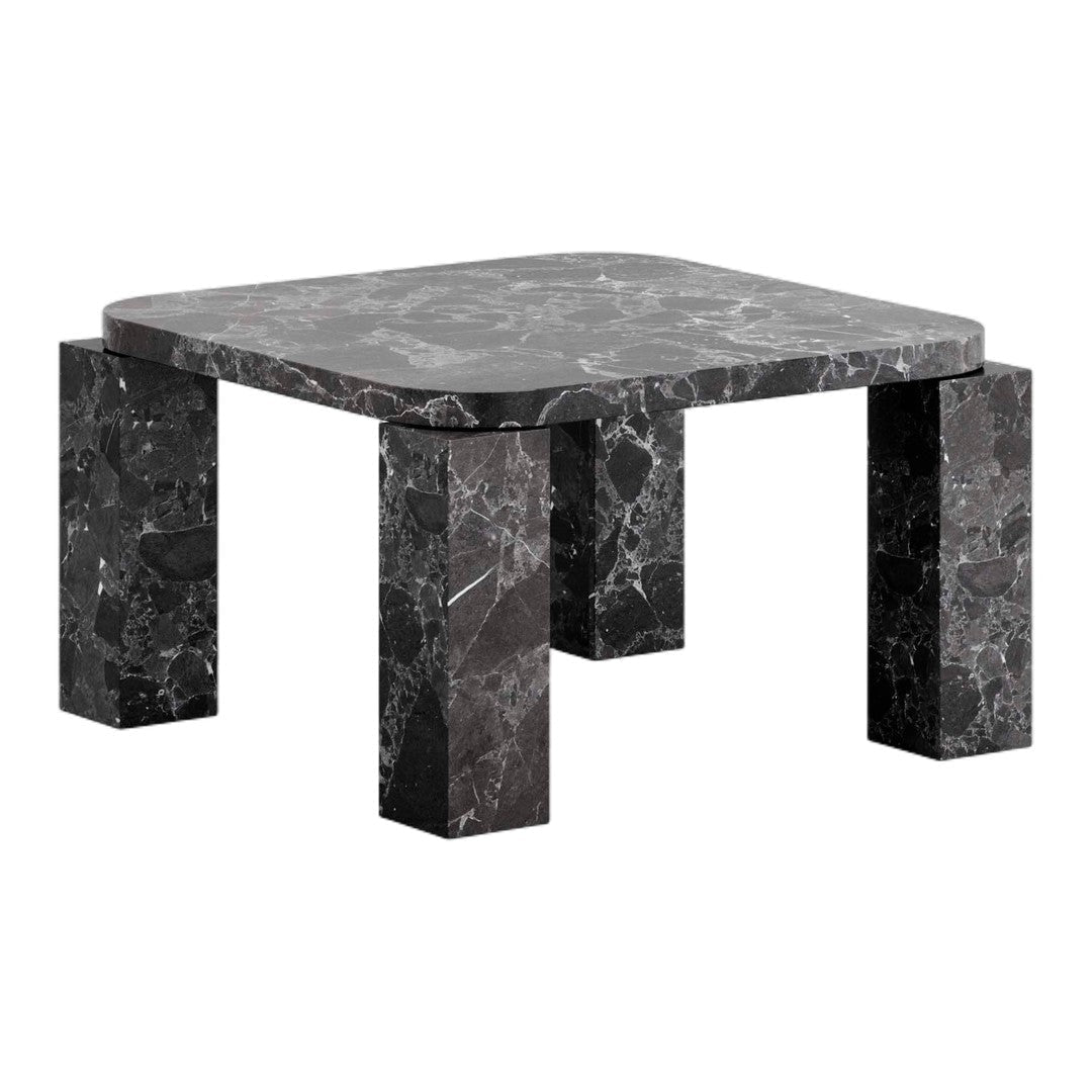 Black marble table with a sleek, polished surface and contrasting gray veining pattern. Modern home decor accent.