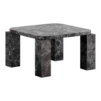 Black marble table with a sleek, polished surface and contrasting gray veining pattern. Modern home decor accent.