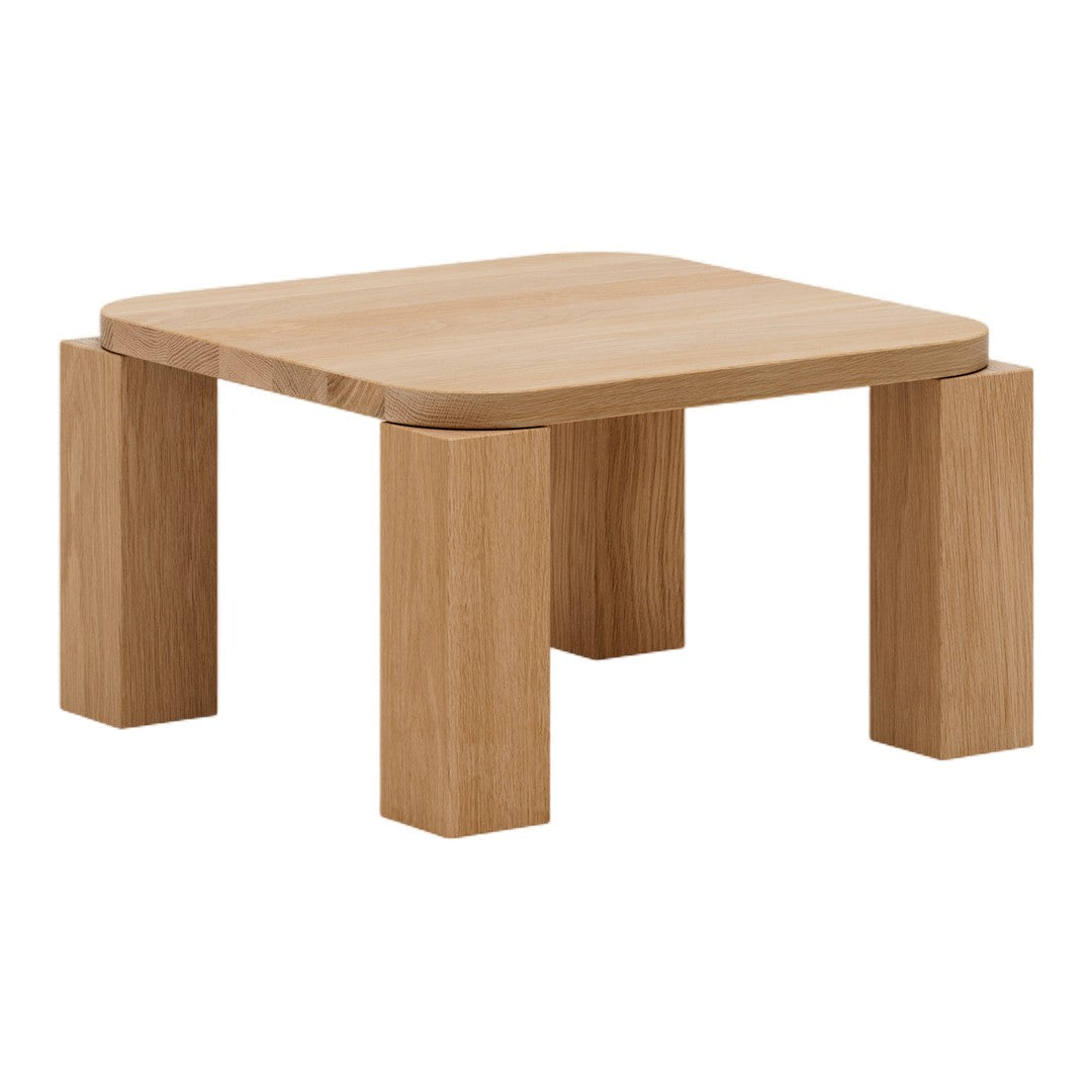 Natural oak wood square coffee table with smooth, light grain patterns and rounded edges. Perfect for minimalist decor.