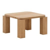 Natural oak wood square coffee table with smooth, light grain patterns and rounded edges. Perfect for minimalist decor.