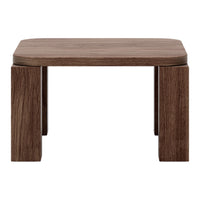 Brown wooden table with a smooth surface and textured grain pattern, featuring sleek, modern rectangular legs.