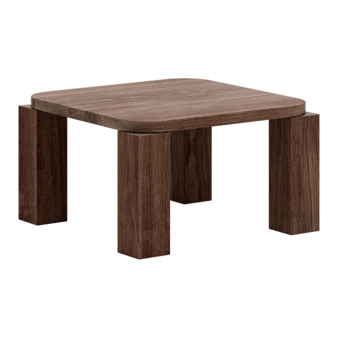 Brown wooden square side table with a smooth surface and chunky legs, showcasing a minimalist design.