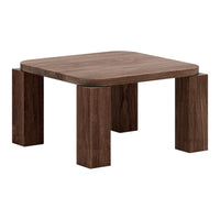 Brown wooden square side table with a smooth surface and chunky legs, showcasing a minimalist design.
