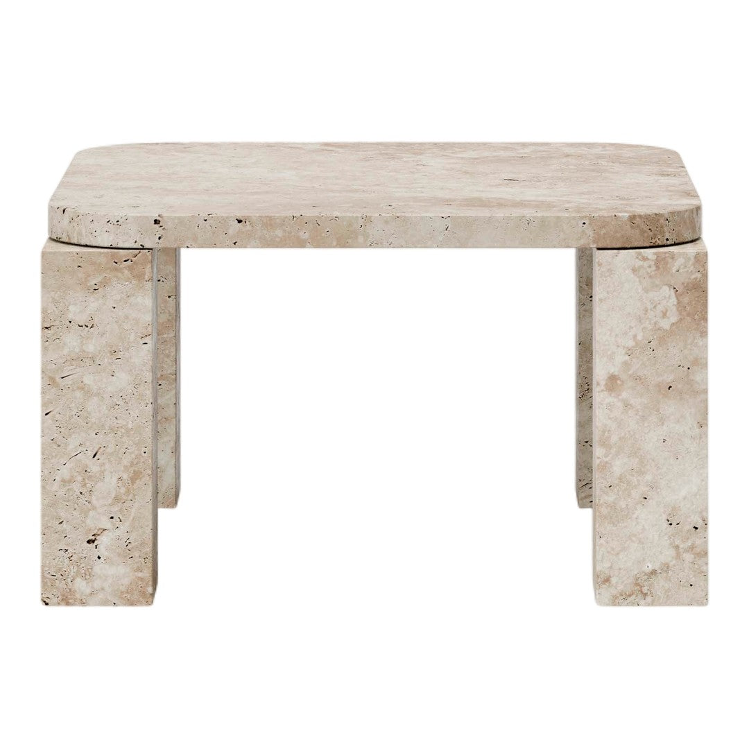 Light beige textured coffee table with subtle patterns and rounded edges. Elegant and modern design.