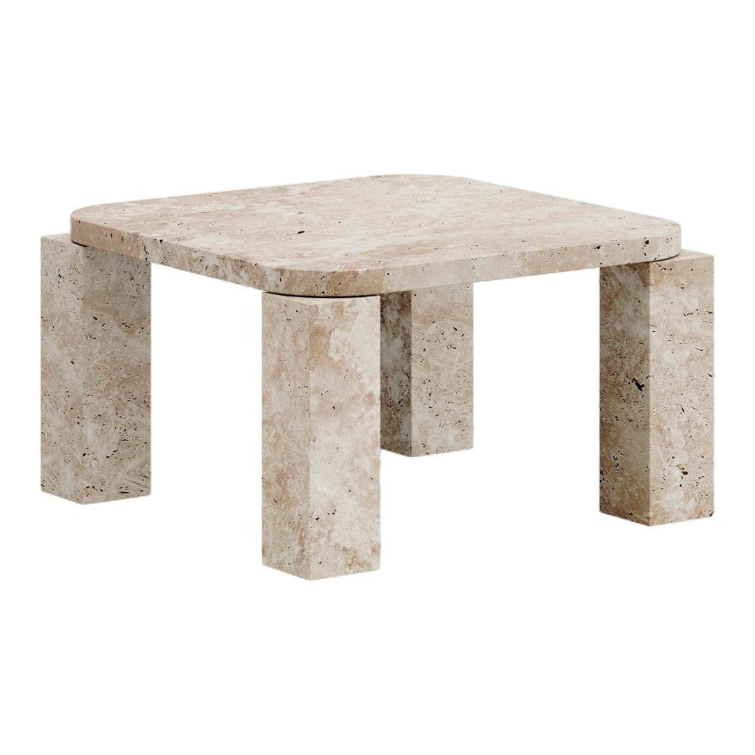 Square marble coffee table in soft beige with subtle speckled patterns and smooth, rounded edges.