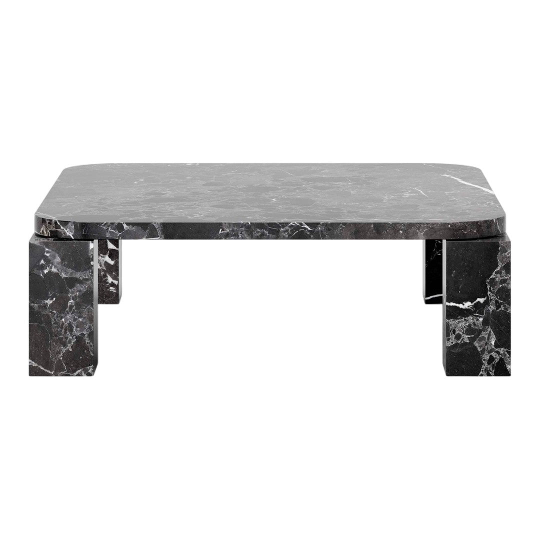 Black marble coffee table with elegant gray veining and a polished finish. Modern design complements any decor.