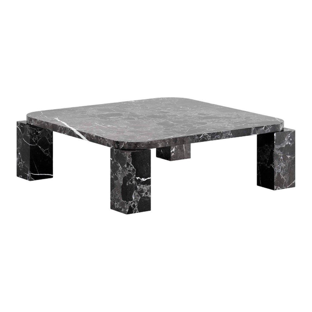 Black marble coffee table with white veining and a smooth, polished finish. Elegant square design and sturdy legs.