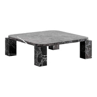Black marble coffee table with white veining and a smooth, polished finish. Elegant square design and sturdy legs.