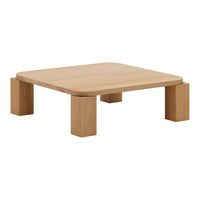 Square wooden coffee table in light oak finish, featuring smooth surface and minimalist design with rounded edges.