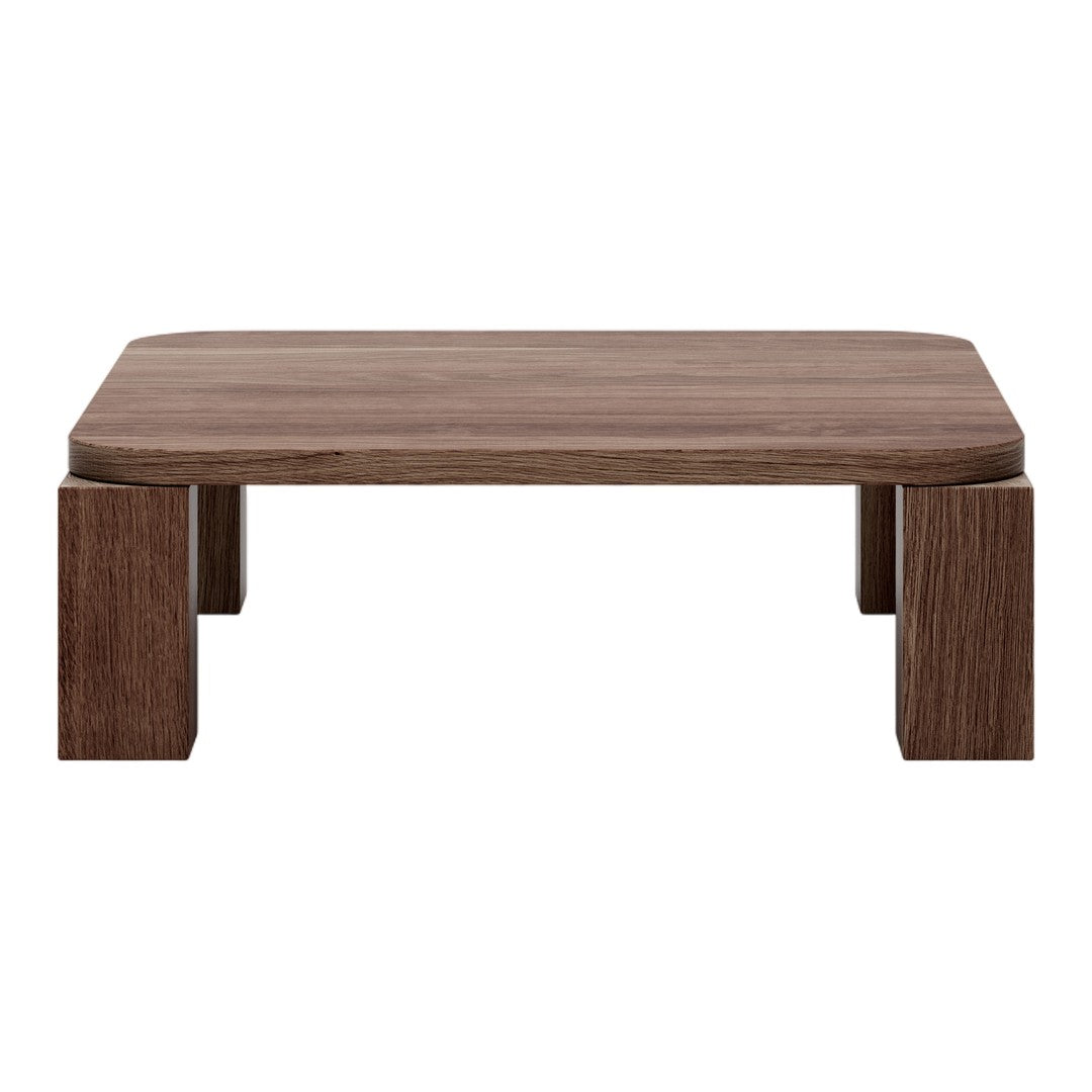 Brown wooden coffee table with a smooth surface and squared corners, featuring a natural wood grain pattern.