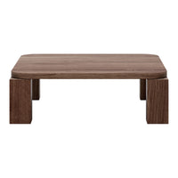 Brown wooden coffee table with a smooth surface and squared corners, featuring a natural wood grain pattern.