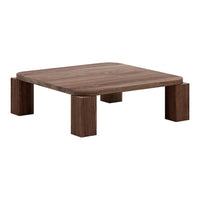 Square wooden coffee table in rich brown color with smooth surface and sturdy rectangular legs.