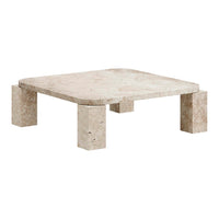 Square beige coffee table with a smooth, speckled finish and four sturdy block legs, ideal for modern decor.
