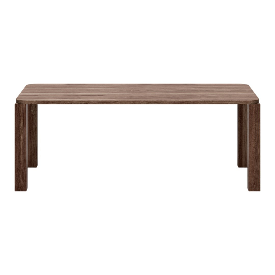 Brown wooden dining table with a smooth finish and clean lines, featuring a minimalist design.