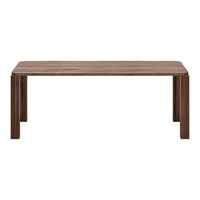 Brown wooden dining table with a smooth finish and clean lines, featuring a minimalist design.