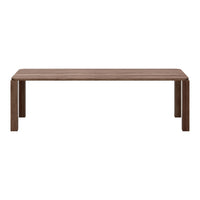 Brown wood dining table with a smooth, minimalist design and straight lines. Elegant, textured surface finish.