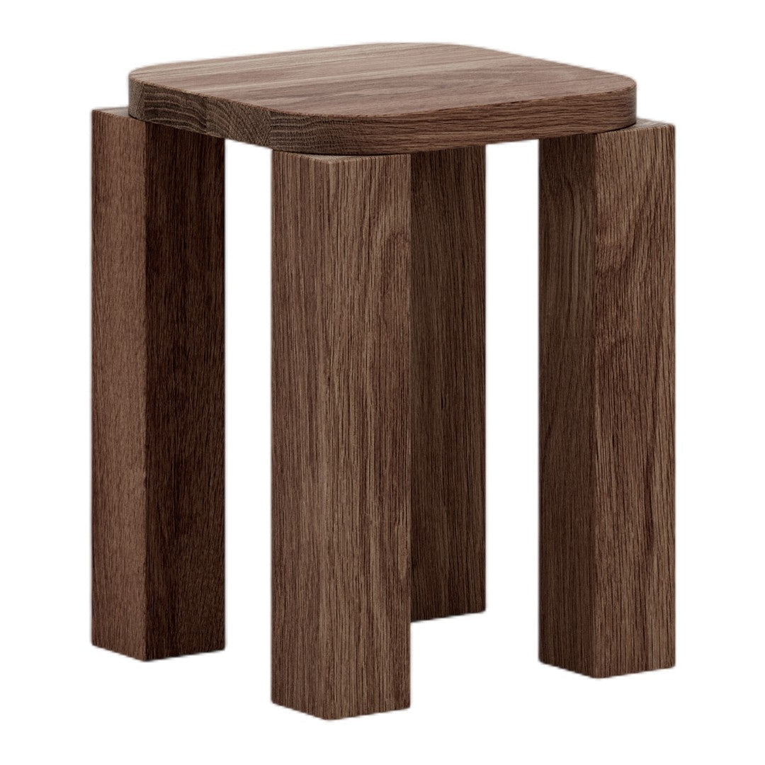 Brown wooden stool with a smooth, natural finish and angular legs, showcasing a rustic and modern design.