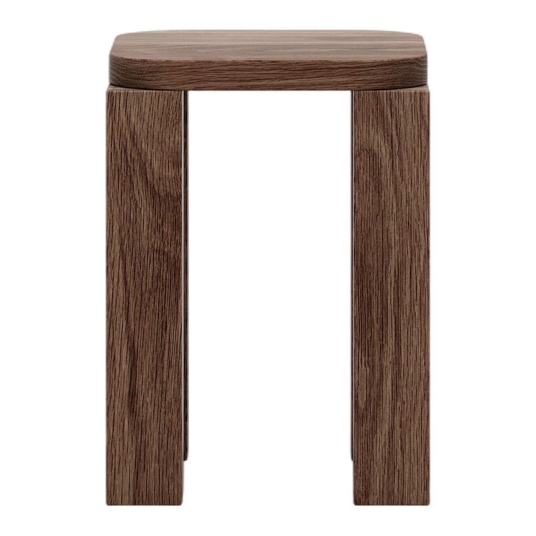 Brown wooden stool with a smooth surface and natural grain pattern. Simple design for versatile decor.