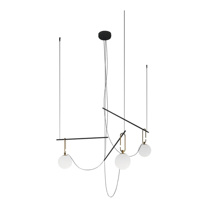 Modern chandelier featuring black metal, brass accents, and white globe shades for a stylish contrast.