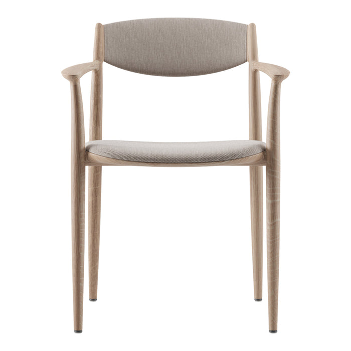 Light wood armchair with a smooth beige fabric seat and backrest, featuring minimalist design and clean lines.