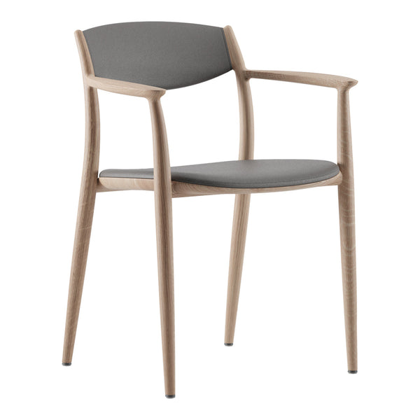 Light wood armchair with a sleek gray seat and backrest, featuring a minimalist, modern design.