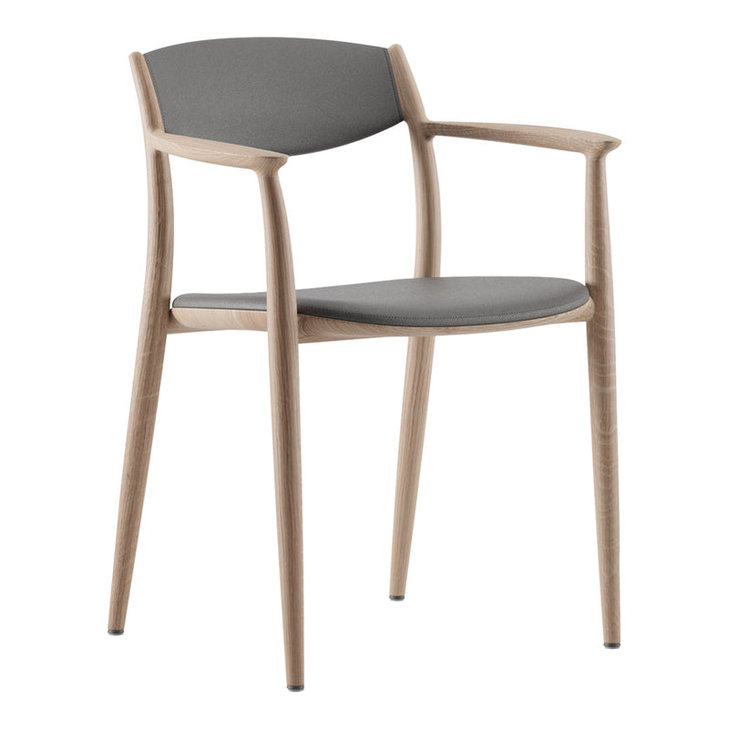 Light wood armchair with a sleek gray seat and backrest, featuring a minimalist, modern design.