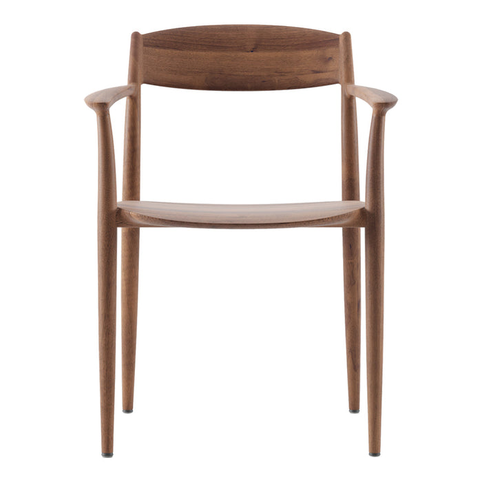 "Elegant wooden chair in rich walnut finish with smooth, minimalist design."