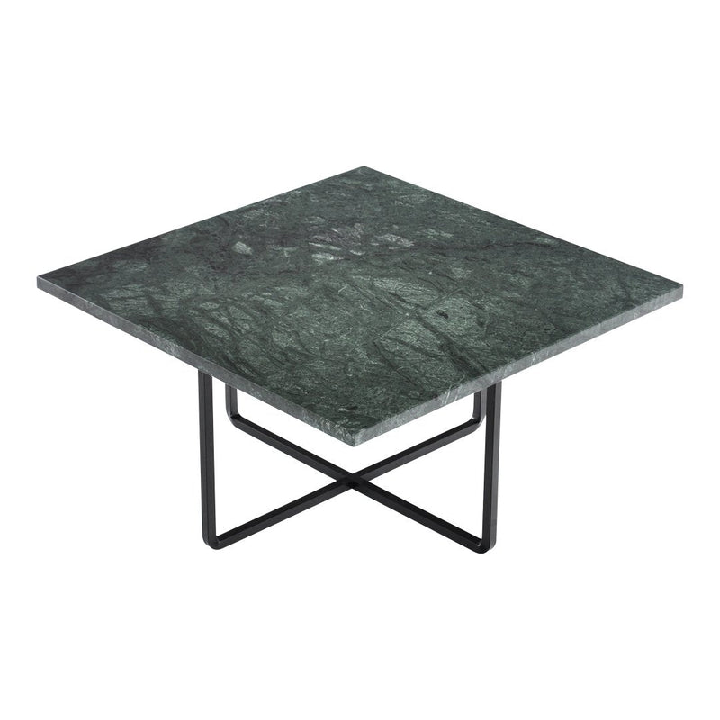 Square green marble top table with subtle veining, supported by a sleek black metal base.