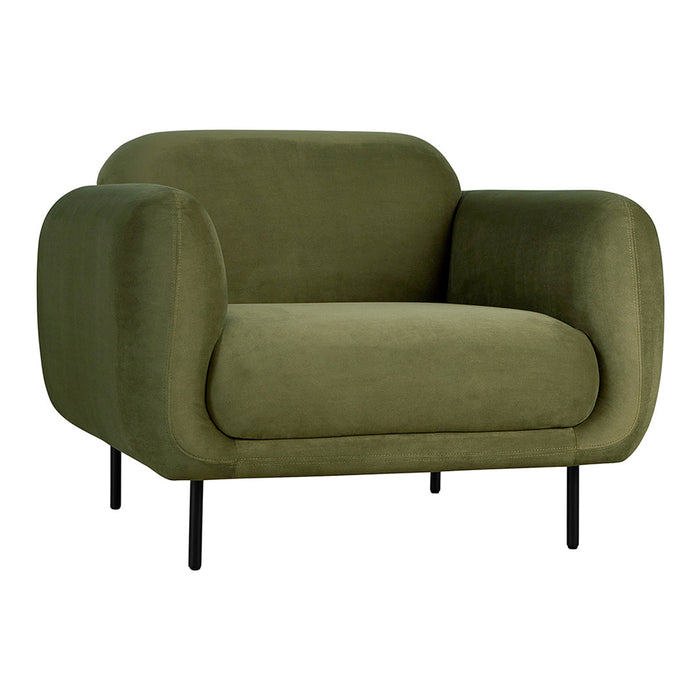 Olive green plush sofa with rounded arms and black metal legs, offering a modern and cozy design.