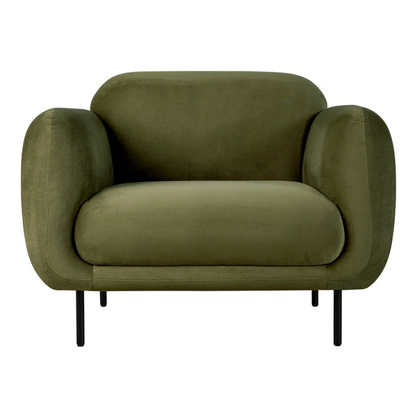 Olive green modern armchair with rounded shapes and soft velvet texture, resting on sleek black metal legs.