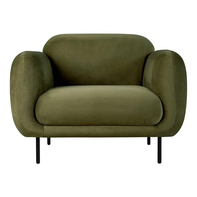 Olive green modern armchair with rounded shapes and soft velvet texture, resting on sleek black metal legs.