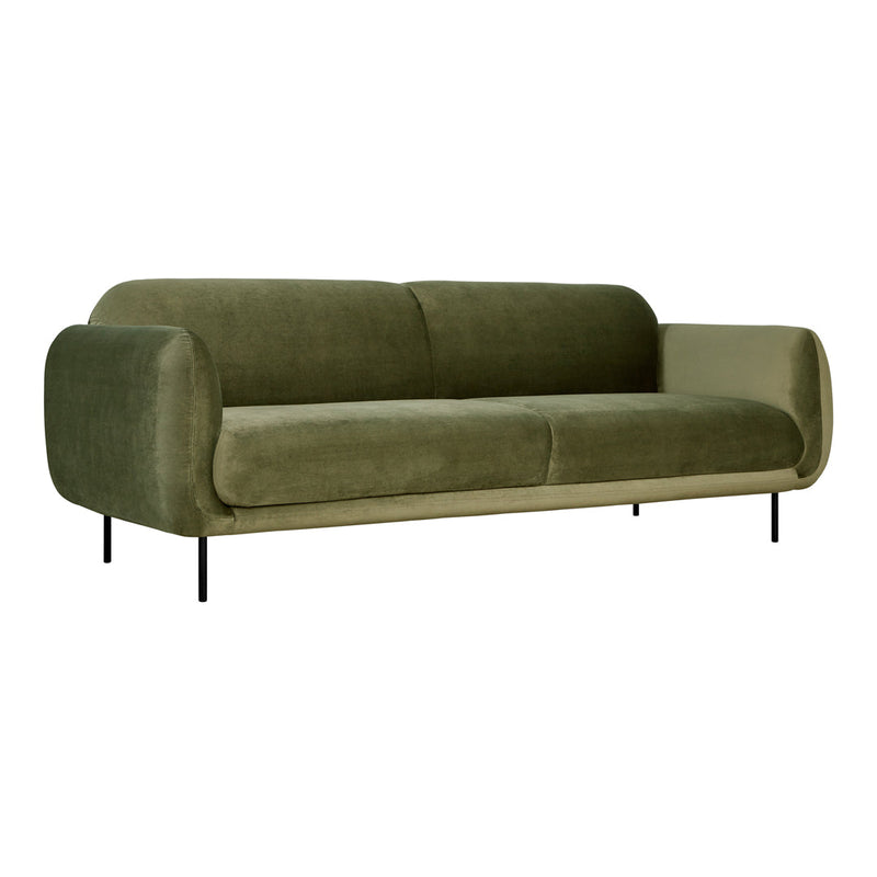 Olive green velvet sofa with a smooth texture and minimalist design, featuring rounded edges and black metal legs.
