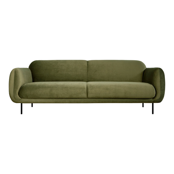 Olive green velvet sofa with a minimalist design and smooth, rounded edges on a sleek black metal frame.