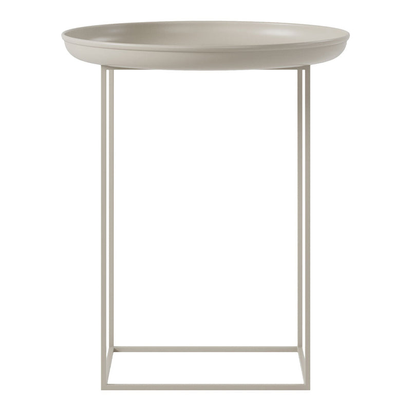 Round beige tray top with a sleek white metal frame; minimalist design ideal for modern decor.