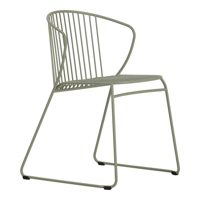Stylish green metal chair with vertical striped pattern and minimalist design for modern interiors.