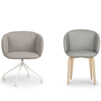 Gray upholstered chairs with smooth, minimalist designs; one on a white base, the other with natural wood legs.
