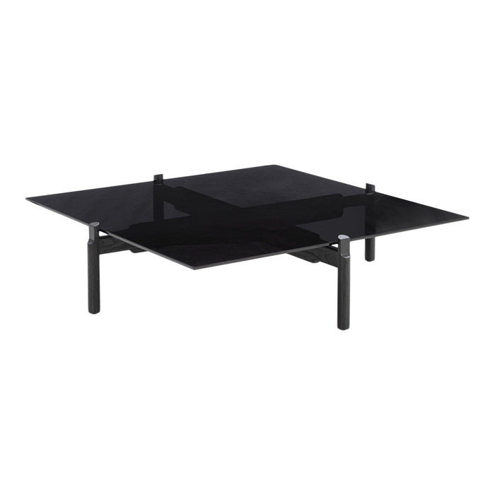 Black glass coffee table with a sleek, modern design and minimalist metal legs. Perfect for contemporary decor.