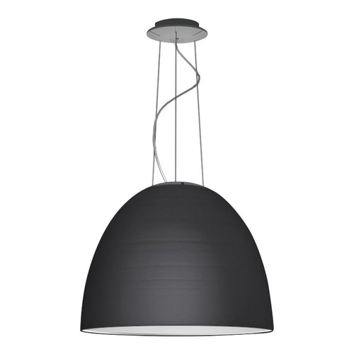 Sleek black dome pendant lamp with a smooth matte finish and silver accents, ideal for modern interiors.